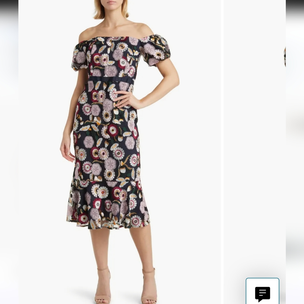 NWT Sam Edelman Floral Off-Shoulder Embroidered Midi Dress Size 2